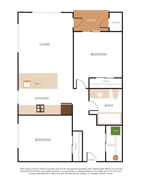 Floor plan for 2 beds, 1 bath, 728 sqft